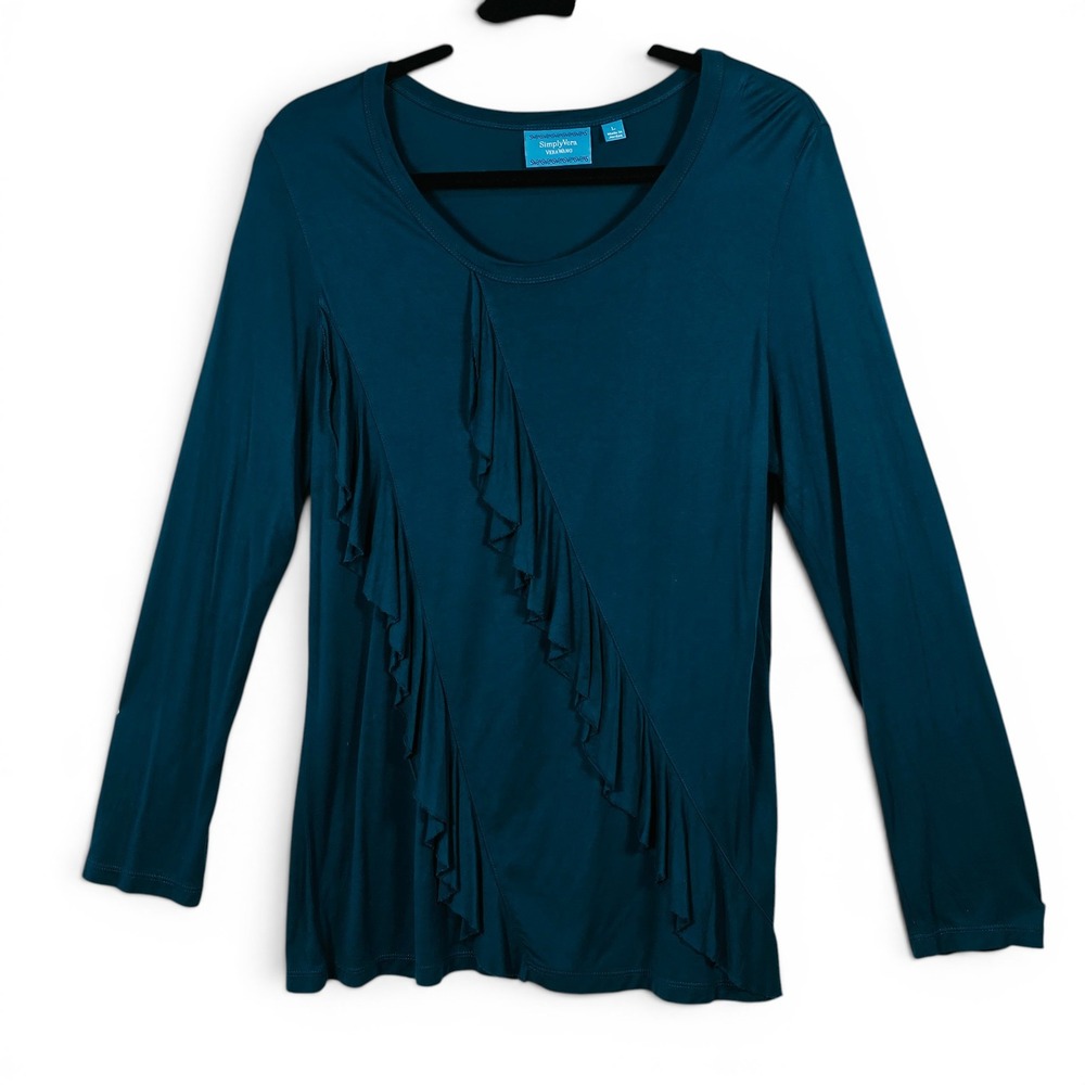 Simply Vera Vera Wang Teal Blue Ruffle Front Micro Modal Long Sleeve Top Large